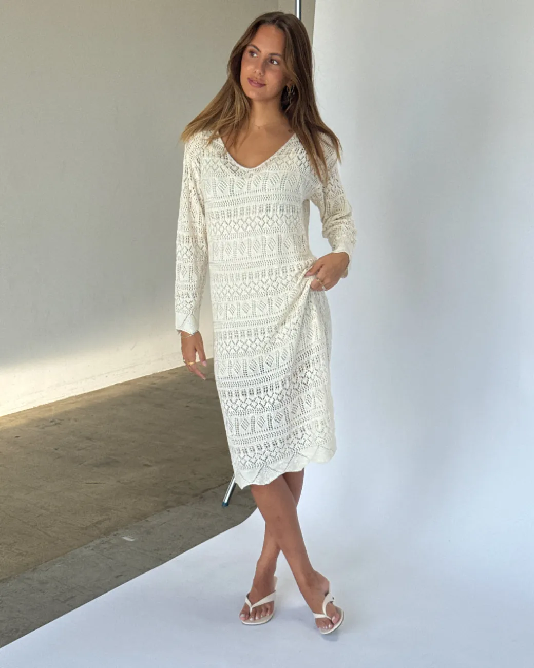 ELIZA strik midi kjole, creme