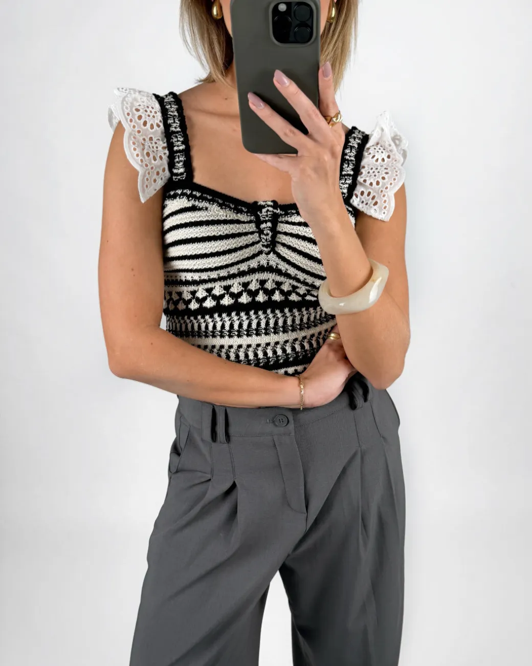 KENDRA strik top, hvid/sort