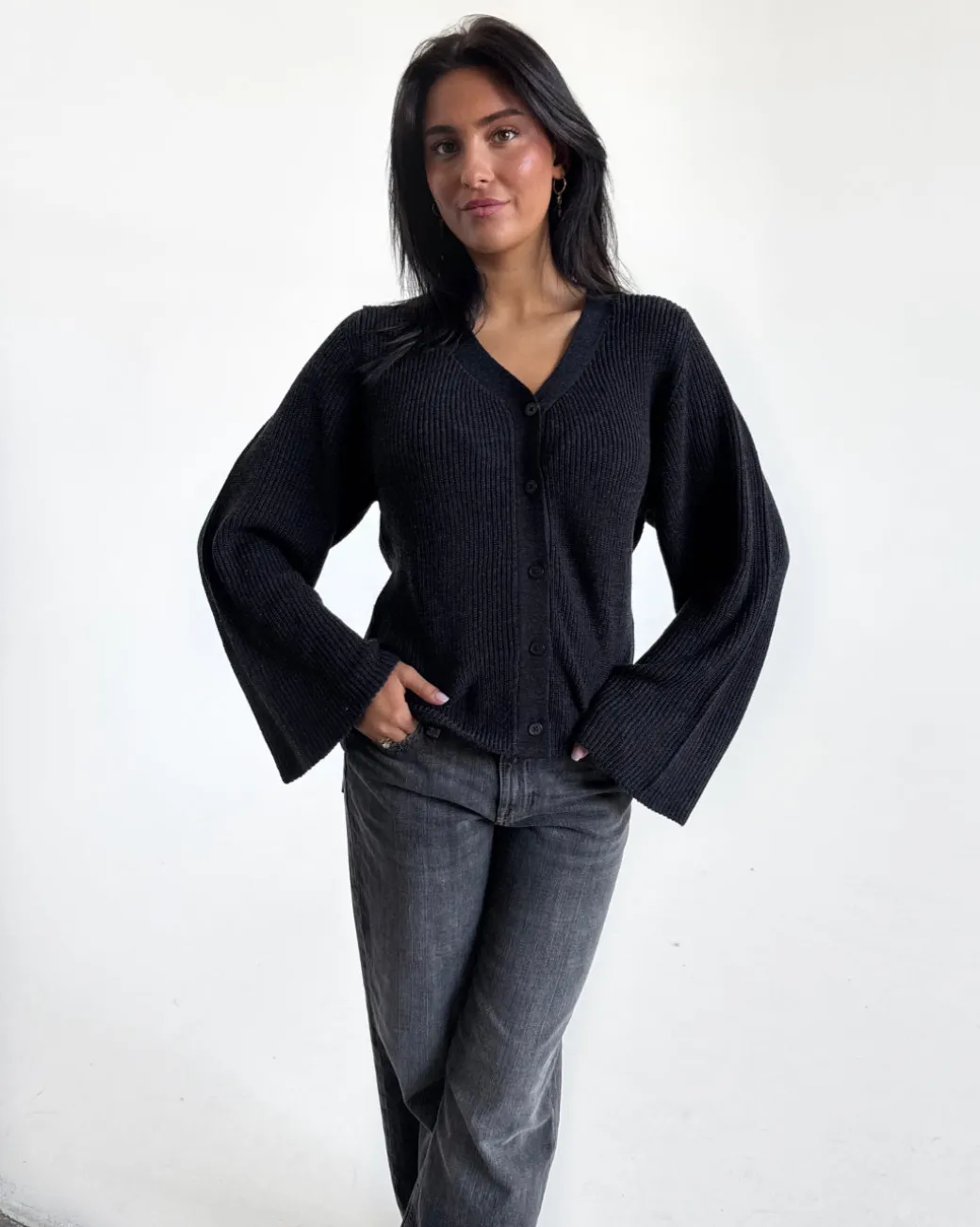 LUCY langærmet strik cardigan, mørkegrå