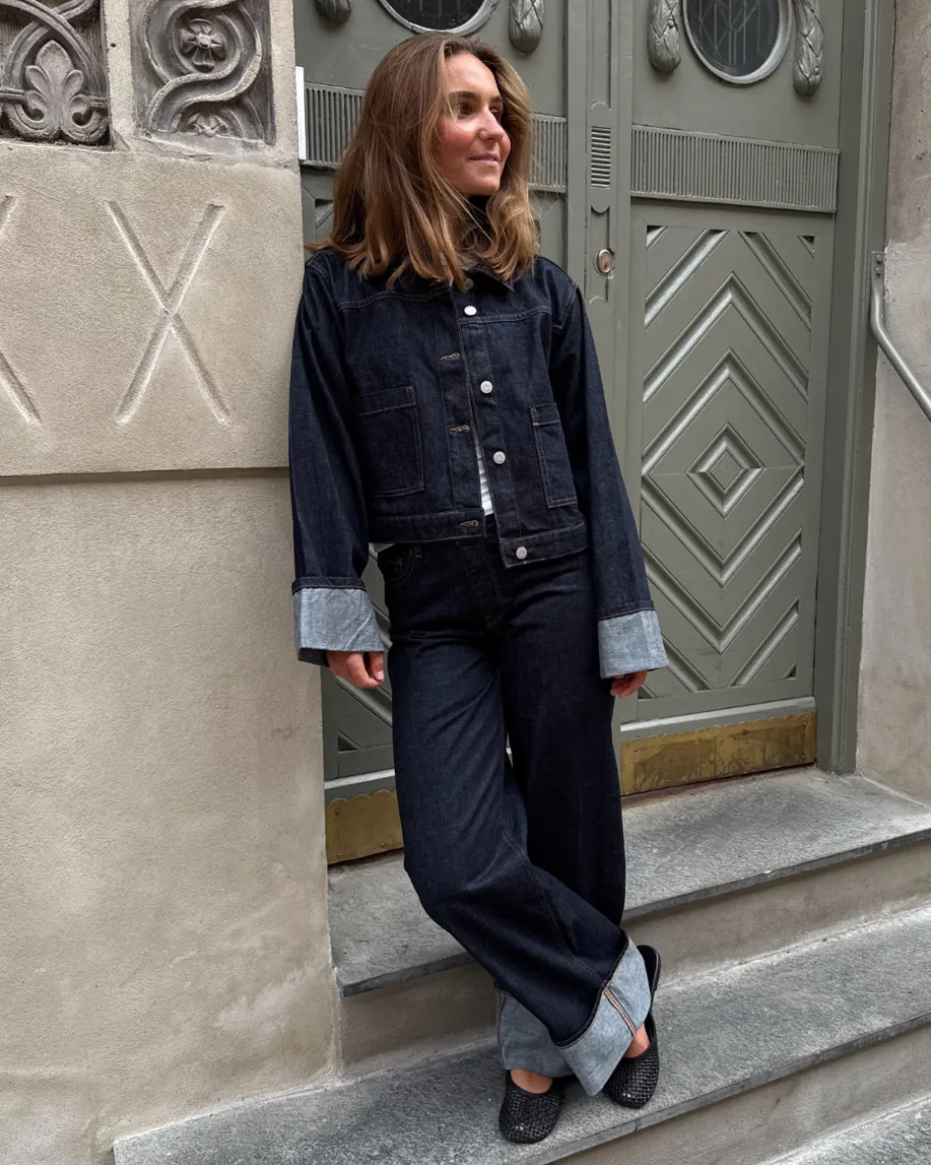 TOKYO fold up wide leg jeans, mørkeblå